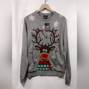 NWT Forever 21 Reindeer Lighted Christmas Sweater Men's L Gray Holiday Casual